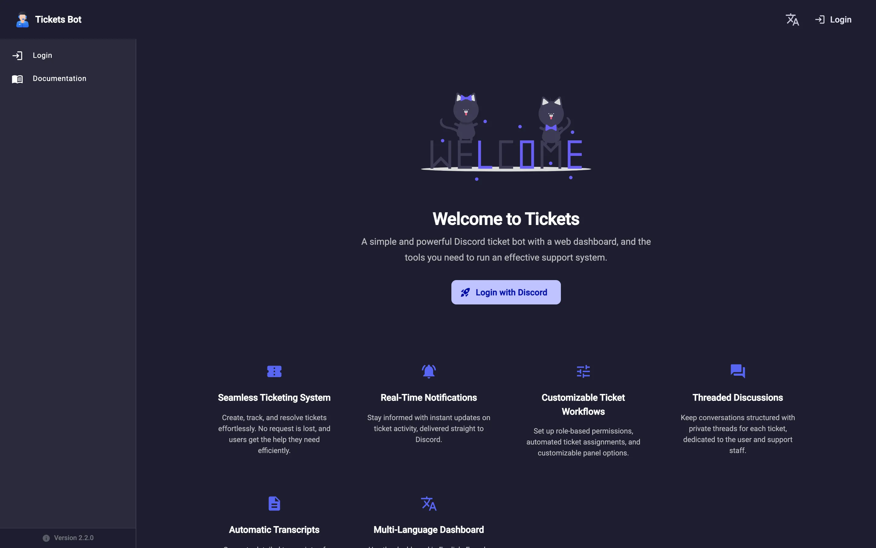 The dashboard’s logged-out landing page with the Login with Discord button