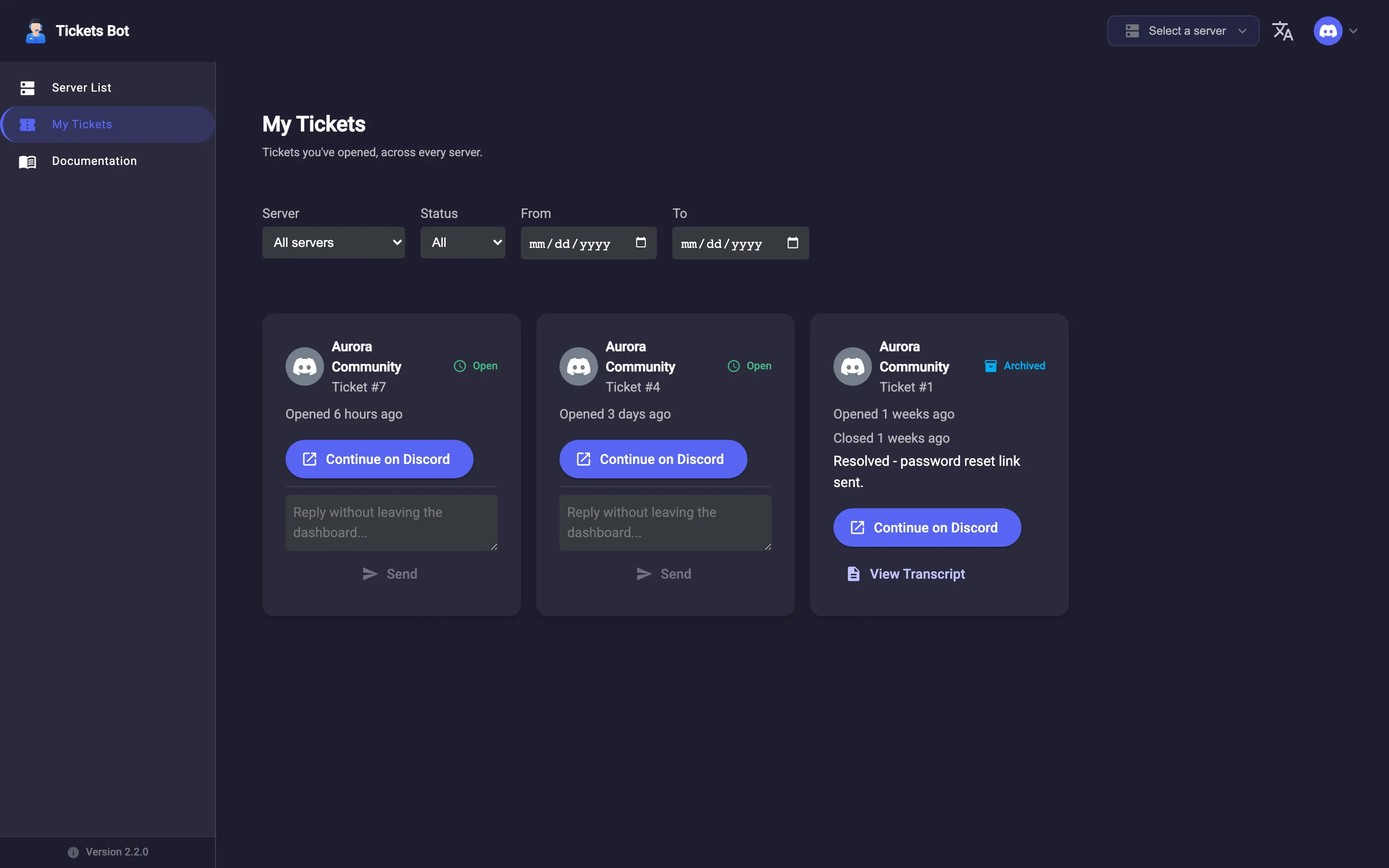 The My Tickets page listing a user’s tickets across every server