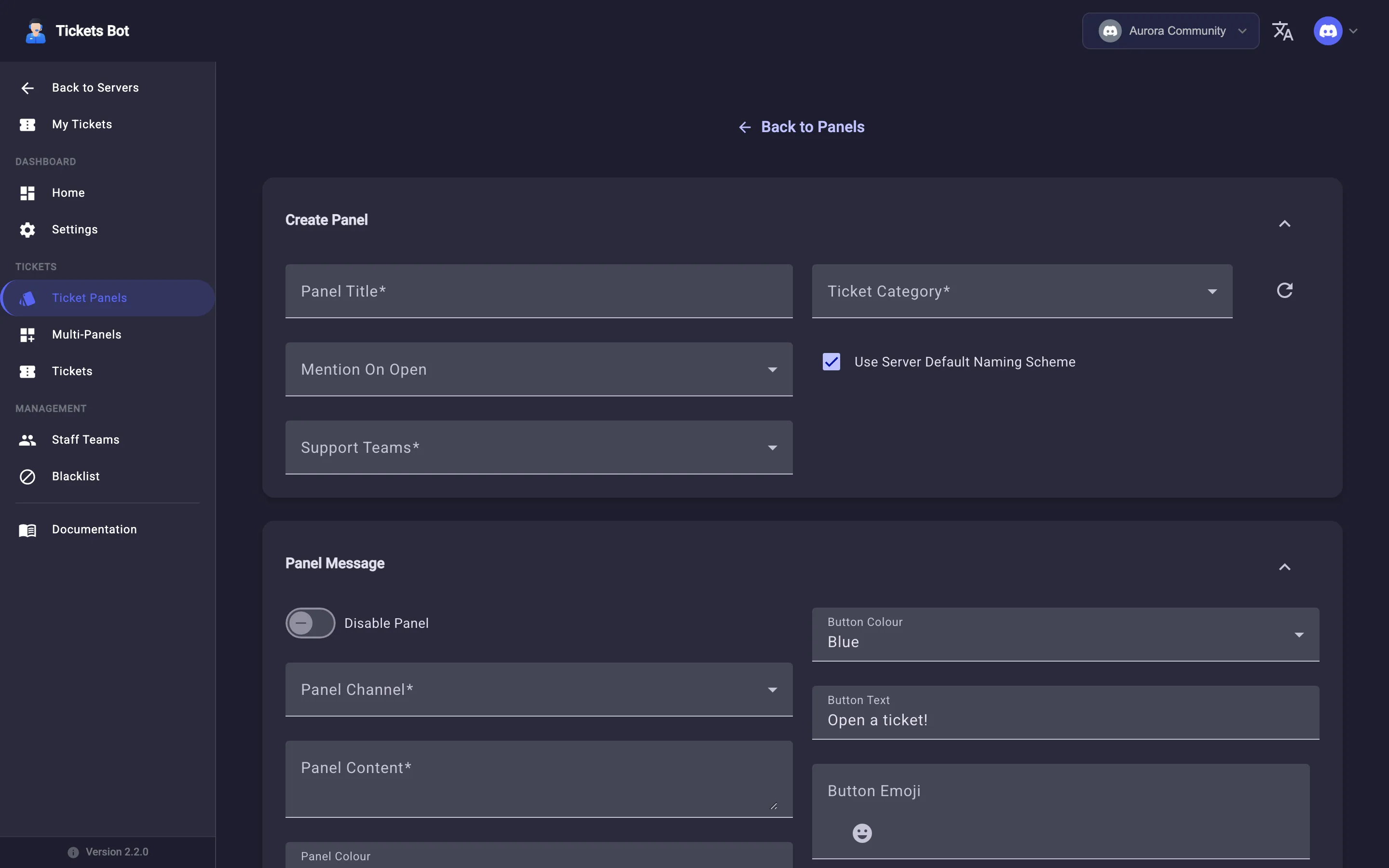 The ticket panel creation form