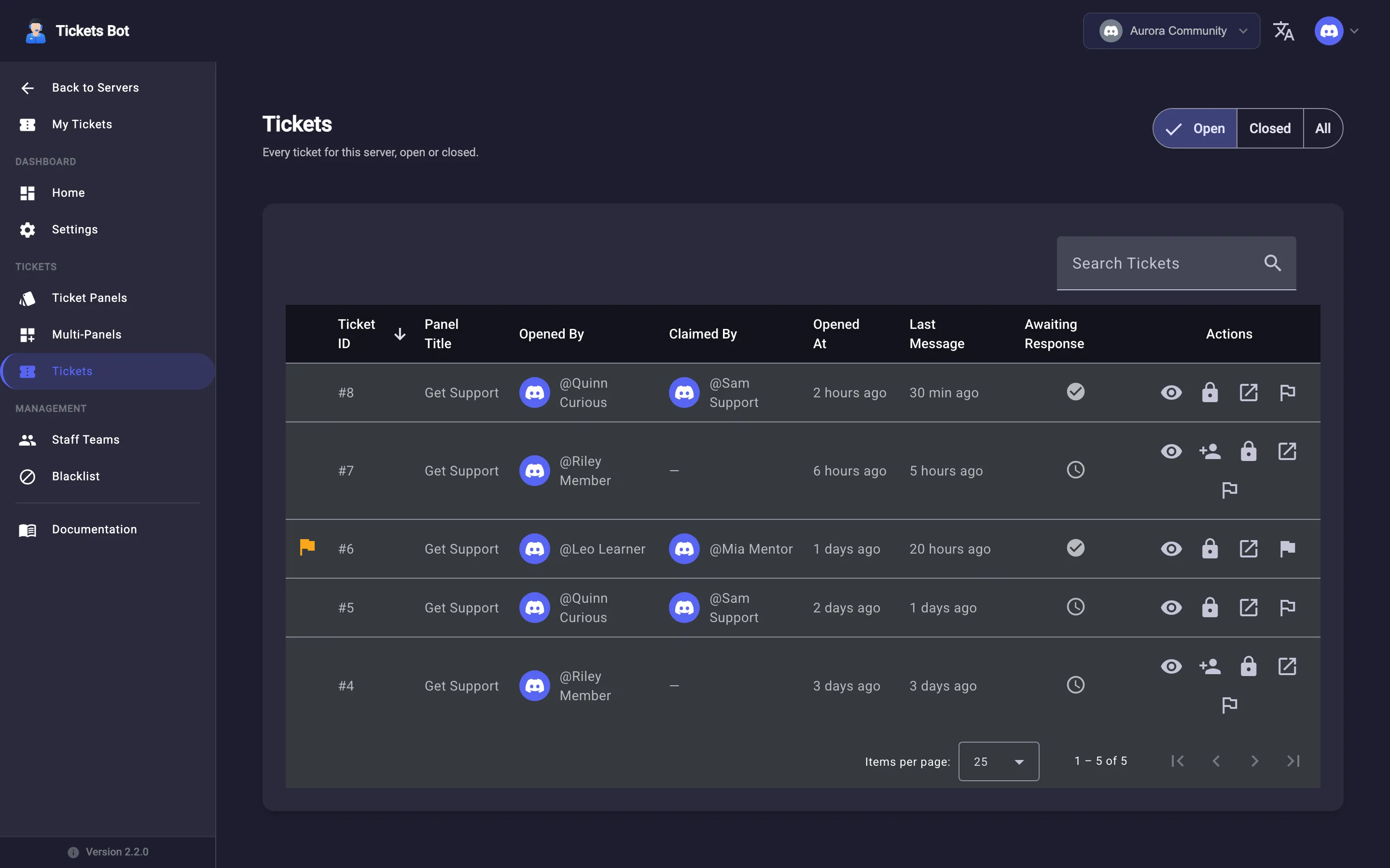 The Tickets page, where closed tickets link to their transcripts