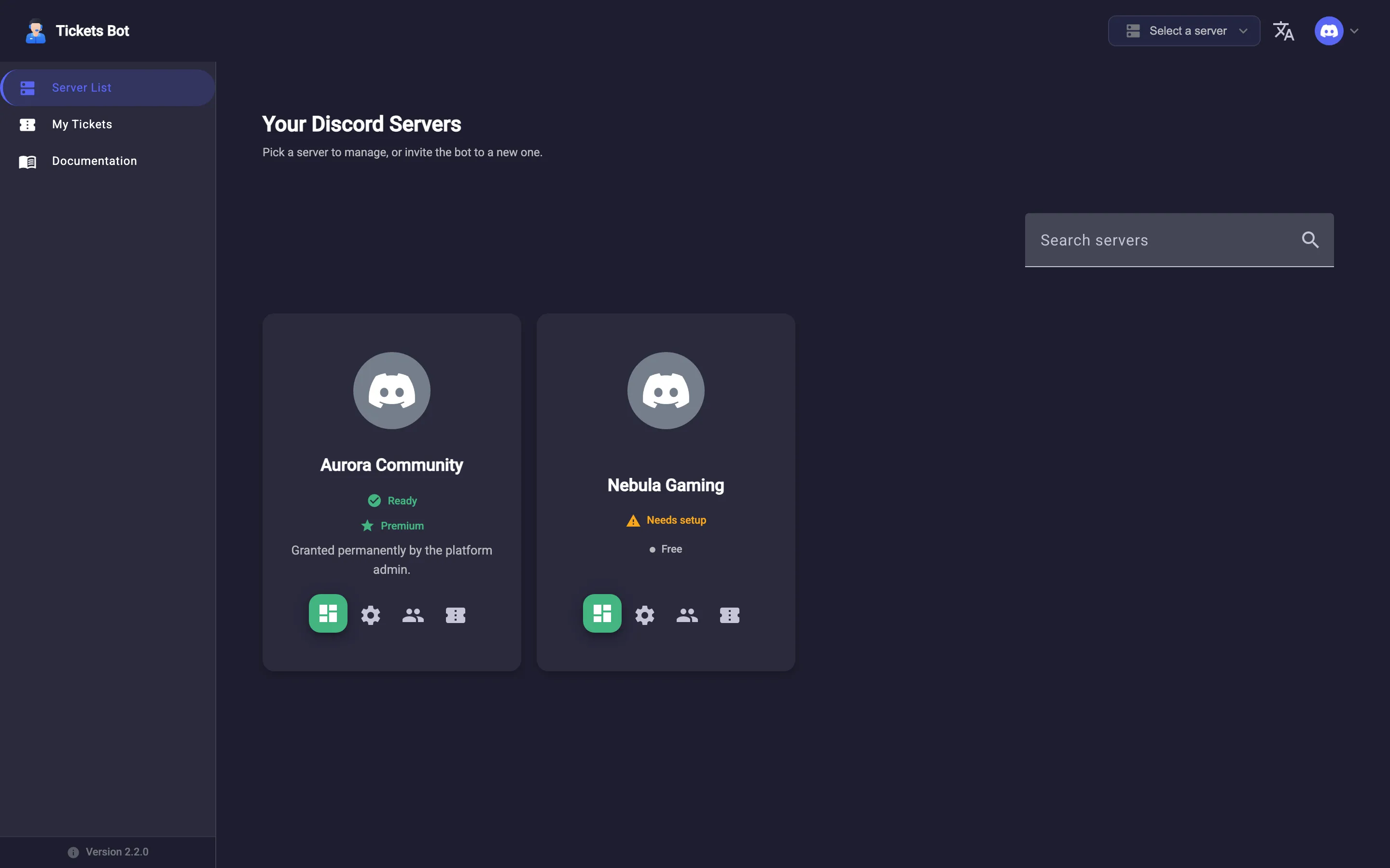 The Your Discord Servers page with a mix of Ready and Needs-setup server cards